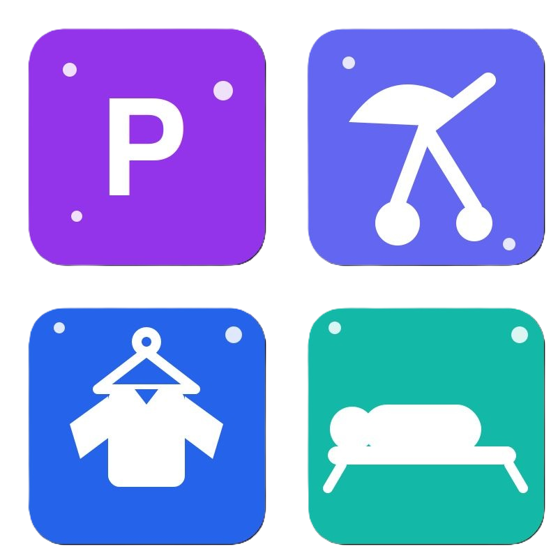 Icons for parking, stroller check, coat check, and infant feeding and changing