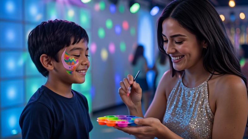 A boy getting a rainbow painted on his cheek at the face painting station