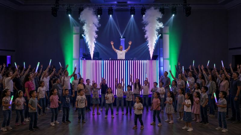 DJ with arms raised in the booth, smoke cannons firing, kids dancing with glow sticks