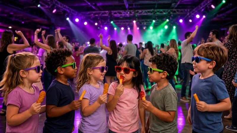 Six kids in colourful sunglasses holding up chicken fingers on the dance floor